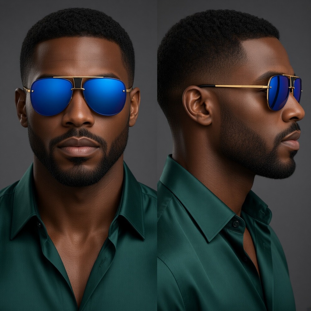 Sunglasses Blue Lens Gold Frame Fashion Sun Glasses Men Round Flat Top Metal Bar